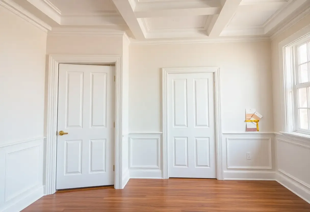 Refinished interior trim, doors and a coffered ceiling